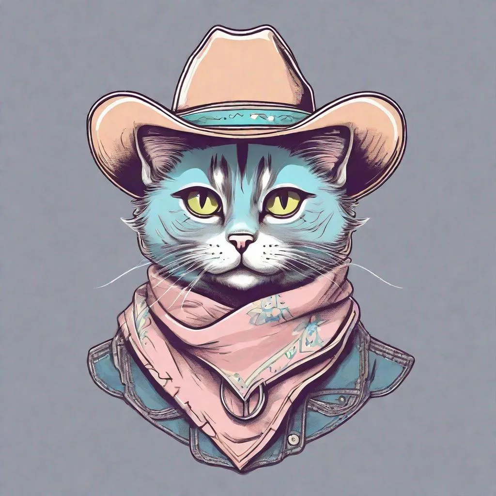 Prompt: cute pastel line art cartoon cat wearing a cowboy hat and bandana around neck
