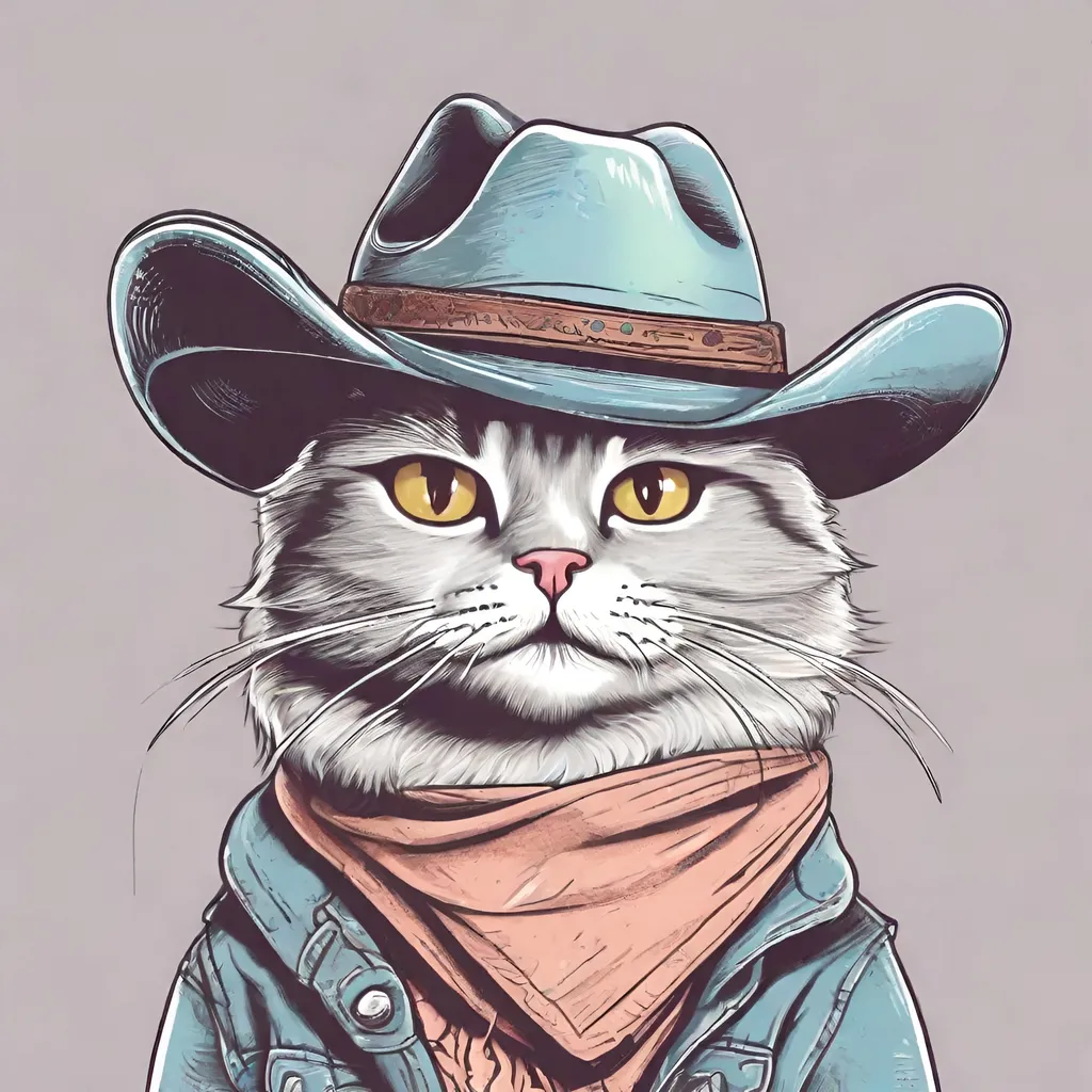 Prompt: cute pastel line art cartoon cat wearing a cowboy hat and bandana around neck
