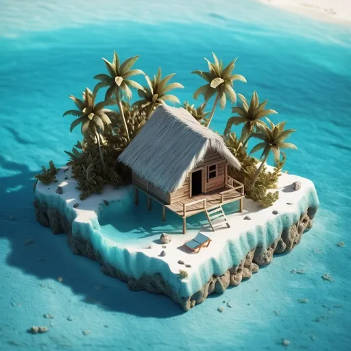 Prompt: miniature isometric world render, a hut surrounded by clear water, bahamas, on a table