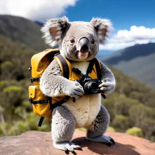 Prompt: A koala wearing a backpack making an expedition to the mountain. It should hold a camera on one of its hands. 