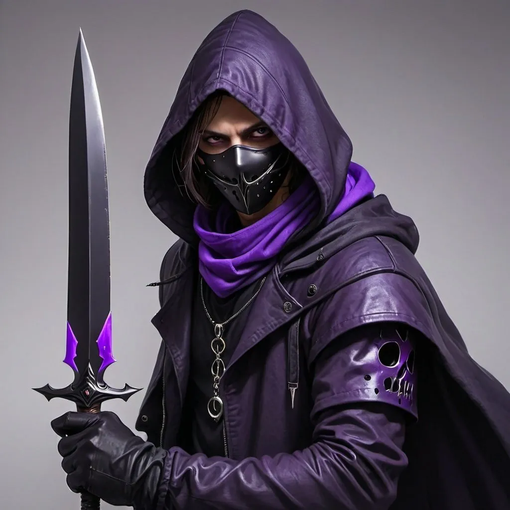 Prompt: A human with dark clothes, a hood, and a mask on the face that only leaves the eyes visible, and his eyes show no emotion. He is holding a one purple Phychic blade in one hand.