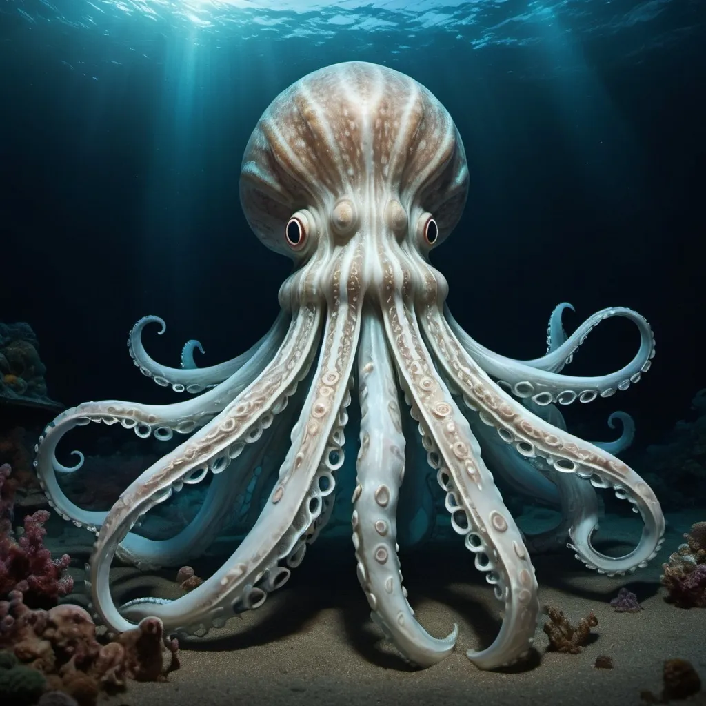 Prompt: 

Create a detailed image of a colossal sea creature resembling a squid, but of enormous size. It should have a striking and fearsome appearance, with intricate textures and patterns on its body, long, powerful tentacles, and bioluminescent features that give it an otherworldly glow in the dark depths of the ocean. Include scenario like it is at sea shore and people are watching it with shock 