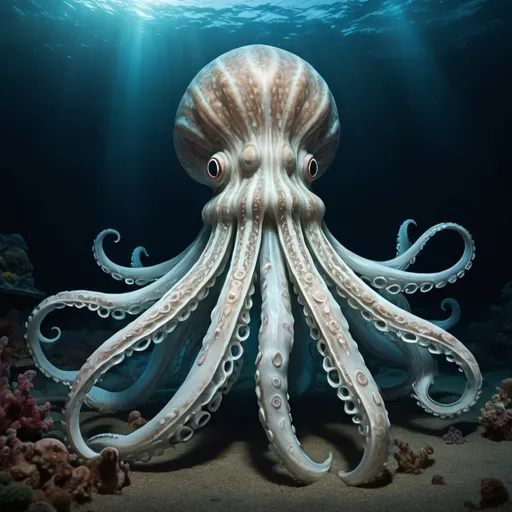 Prompt: 

Create a detailed image of a colossal sea creature resembling a squid, but of enormous size. It should have a striking and fearsome appearance, with intricate textures and patterns on its body, long, powerful tentacles, and bioluminescent features that give it an otherworldly glow in the dark depths of the ocean. Include scenario like it is at sea shore and people are watching it with shock 