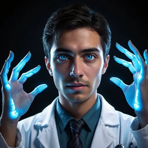 Prompt: Mexican medical student, white coat, friendly expression, mysterious bluish light, transforming at midnight, glowing eyes, distorting and lengthening hands, claw transformation, detailed facial features, 3D rendering, mysterious, intense gaze, midnight blue lighting, supernatural transformation, high quality, detailed, realistic, medical student, mysterious transformation, glowing eyes, claw hands, intense expression