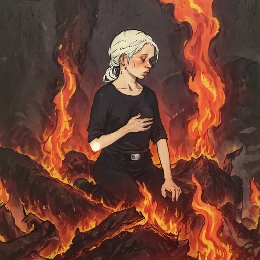 Prompt: a sad woman with fire all around her in hell