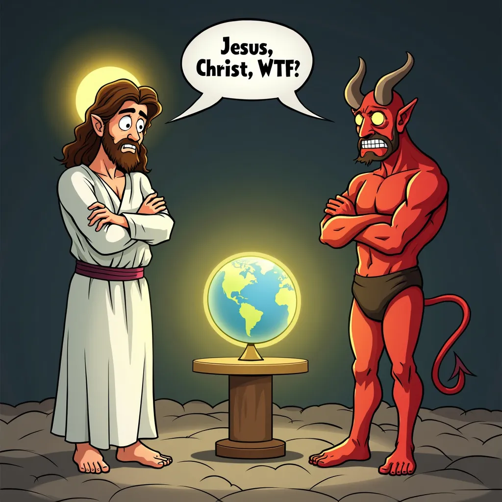 Jesus and Satan are standing opposed to another. Bo...