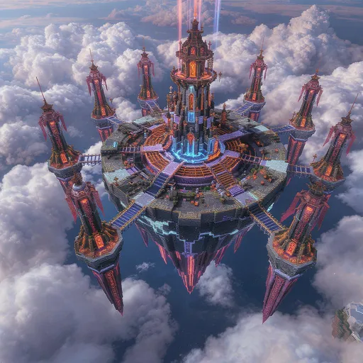 Prompt: A massive floating Minecraft sky base with a large central circular island made of polished blackstone bricks and glowstone accents, connected by five elegant floating bridges to five smaller circular islands. Each small island has eleven tall nether-themed towers built from blackstone and nether bricks, decorated with chains, lava, crimson banners, and soul lanterns. The towers are arranged evenly around each island in a perfect circle. The scene is set high in the sky above clouds, with bright lighting and a dramatic fantasy atmosphere. The central island is the main hub and the bridges have ornate railings and glowing lanterns. The view is from a distance, showing the entire base floating majestically.