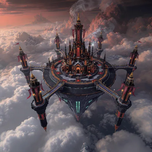 Prompt: A massive floating Minecraft sky base with a large central circular island made of polished blackstone bricks and glowstone accents, connected by five elegant floating bridges to five smaller circular islands. Each small island has eleven tall nether-themed towers built from blackstone and nether bricks, decorated with chains, lava, crimson banners, and soul lanterns. The towers are arranged evenly around each island in a perfect circle. The scene is set high in the sky above clouds, with bright lighting and a dramatic fantasy atmosphere. The central island is the main hub and the bridges have ornate railings and glowing lanterns. The view is from a distance, showing the entire base floating majestically.