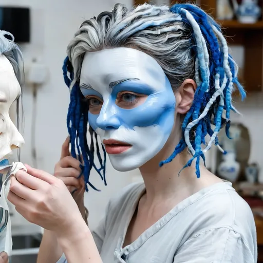 Prompt: A woman with grey and blue dreadlocks removing a porcelain mask 