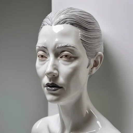 Prompt: white glossy porcelain sculpture of a woman with grey hair look at a mirror reflecting a mask 