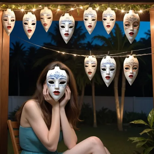 Prompt: Translucent Christmas tree cone shape with a string of beautiful small brown haired blue eye pale skin woman porcelain masks each mask is opening on a hinge to an ugly picture of the same woman  hung like Christmas tree lights. The same woman is sitting on a folding chair in a messy tropical backyard , she is in disbelief  it is nighttime 