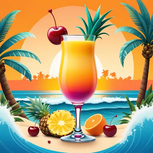 Prompt: A vibrant, tropical-themed logo featuring a frosty glass of juice with a slice of pineapple and a cherry on top and different and different fruits below it. The background includes an orange tree and a golden sunset fading into an azure blue sky. The text "Bel's natural sips" is styled in a playful, flowing font resembling waves, with shades of yellow and turquoise.

