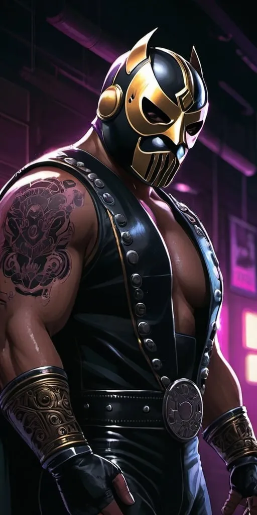 Prompt: Cyberpunk masked luchador, comic book illustration, highres, detailed, dramatic lighting, dark colors, 2D shaded, graphic novel, detailed costume, dramatic atmosphere, professional quality, dark tones, cyberpunk