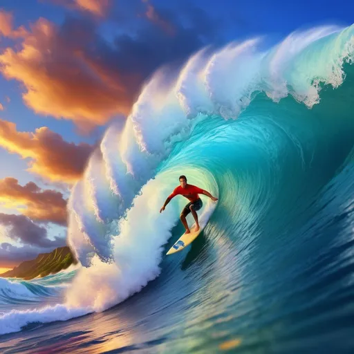Prompt: Realistic depiction of a surfer riding a massive wave in Hawaii, close-up view, vibrant and colorful surf, brilliant and dynamic sky, high quality, realism, close-up view, massive wave, surfer, vibrant colors, brilliant sky, detailed realism, ocean waves, Hawaiian scenery, professional, colorful surf, dynamic lighting