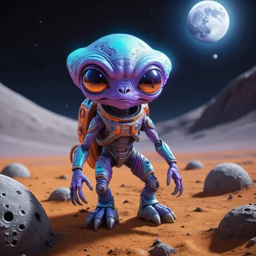 Prompt: ((best quality)), ((illustration)), ((masterpiece)), bright  colors, unreal engine, highres, cute alien creature on the surface of the moon, glowing blue orange and purple; highly detailed