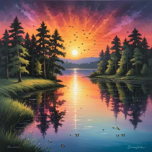 Prompt: Capture the breathtaking beauty of a sunset over a serene lake, fireflies in flight, with vibrant hues painting the sky and reflecting off the calm waters. Silhouettes of trees add depth to the scene, evoking a sense of tranquility and wonder in the viewer's mind., Overdimensional, Rainbow,