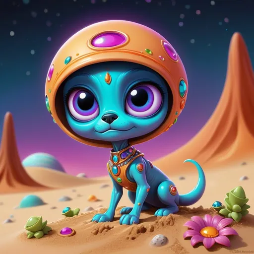 Prompt: Whimsical, cute moon doggie alien, cartoon style, surfing the sand on Mars, girlie ultra colorful diamond and gems bling, vibrant colors, large expressive eyes, playful demeanor, alien flowered landscape, otherworldly plants, best quality, high resolution, vibrant, cartoon, cute, whimsical, otherworldly, playful, expressive eyes, alien landscape, vibrant colors, professional