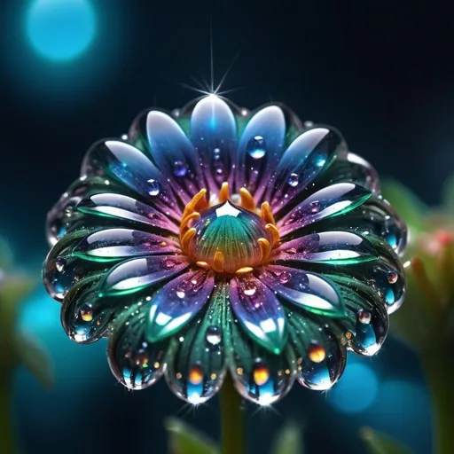 Prompt: macro photo, sparkling magical fantasy glass flower dewdrop, amazing quality, very detailed, intricate, beautiful, surreal, dramatic, galaxy fantasy colors, fantasy style, cinematic light, highly detailed