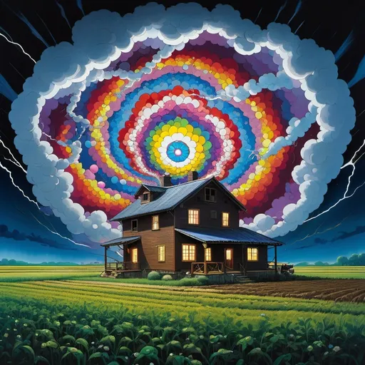 Prompt: Psychedelic contemporary artwork in the style of  Takashi Murakami close up view of farmhouse being hit with tornado in the middle of a farmer's field in a tremendous thunderstorm at night, lightning, centered, painted, symmetry, intricate, volumetric lighting,astrophotography, rich deep colors, ultra detailed, sharp focus, beautiful masterpiece, psychedelic, contemporary, transformation, symmetry, intricate details