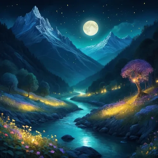 Prompt: Mountain with glowing river, in the style of Klimt, magical creatures, fireflies, moonlit flowers, highres, fantasy, ethereal lighting, detailed nature, mystical, moonlit river, enchanting atmosphere, glowing flora, serene, dreamlike, fantasy creatures, moonlit scene, magical beings, surreal, whimsical, illuminated hill, mystical setting, moonlit landscape, fairytale, vibrant colors, soft moonlight, illustration, photograph