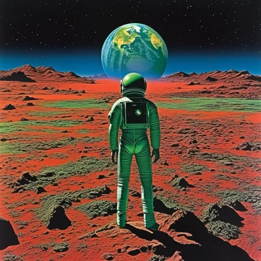 Prompt: <mymodel>ultra realistic sattelite view of earth from Mars with a small green Martian standing on Mars looking at Earth from the horizon