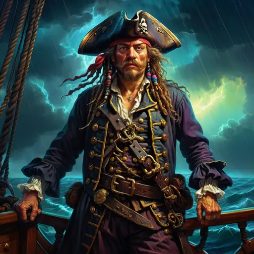 Prompt: Psychedelic contemporary artwork of close up view of mean looking gnarly pirate captain standing on the deck of his pirate ship, far out at sea in tremendous storm at night, Rembrandt  transformation, centered, painted, symmetry, intricate, volumetric lighting, dan mumford, marc simonetti style, astrophotography, rich deep colors, ultra detailed, sharp focus, beautiful masterpiece, psychedelic, contemporary, transformation, symmetry, intricate details