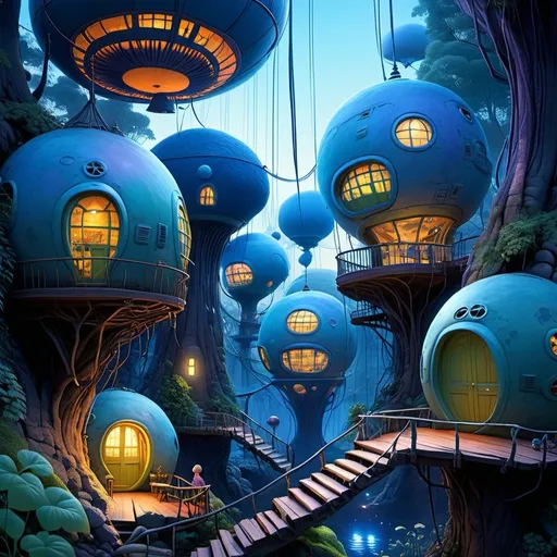 Prompt: An alien settlement of spherical houses suspended in blue forest canopy, with rickety bridges between them, with mysterious lights  in houses, psychedelic imagery, in style of Moebius