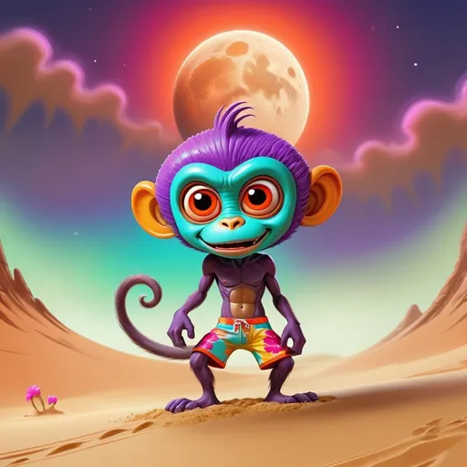 Prompt: violent bright Moon storm , happy multicolored space monkey alien wearing flowered board shorts cartoon creatures , sand storm action on the sand waves on Mars, vibrant colors, playful demeanor, alien flowered landscape, otherworldly plants, best quality, high resolution, vibrant, cartoon, cute, whimsical, otherworldly, playful, expressive eyes, alien landscape, vibrant colors, professional