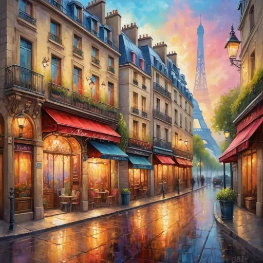 Prompt: Fantasy illustration of Paris street scene, oil painting, magical atmosphere, intricate details, vibrant colors, dreamy lighting, high quality, fantasy, Paris, street scene, oil painting, magical atmosphere, vibrant colors, dreamy lighting, intricate details, high quality