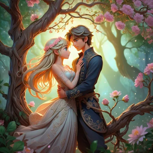 Prompt: Anime digital painting of a romantic and mystical scene, intricate pose with highly detailed filigree, complex background with tree branches and flowers, dynamic lighting and glowing lights, best quality, highres, ultra-detailed, anime, romantic, mystical, cute, fantasy, dynamic lighting, intricate pose, complex background, digital painting
