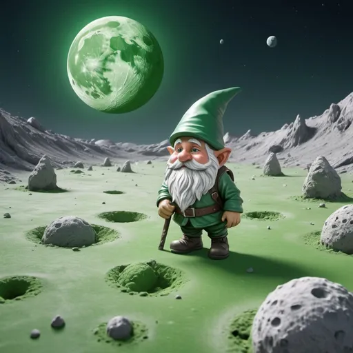 Prompt: Gnome walking on the green surface of the moon, realistic digital art, lunar landscape with Earth in the sky, detailed lunar terrain, highres, realistic style, green moon surface, gnome character design, futuristic space setting, mysterious atmosphere, professional, realistic lighting, detailed moon rocks, surreal, high quality