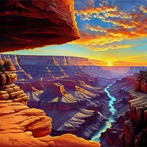 Prompt: Grand Canyon viewed from the very bottom, oil painting, exquisite rock formations, high quality, realistic, majestic sunset, warm and vibrant tones, soft shadows, ultra-detailed, expansive landscape, natural wonder, immense scale, breathtaking scenery