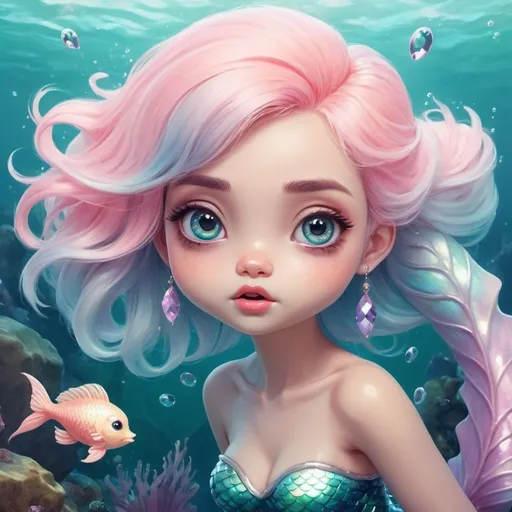 Prompt: Kawaii mermaid with fluffy, pastel-colored scales, fluffy tail, bling, big expressive eyes, whimsical underwater scene, digital painting, high quality, surrealism, dreamy lighting, pastel colors, detailed eyes, fluffy texture, game-streetfighter style, dreamlike atmosphere, professional