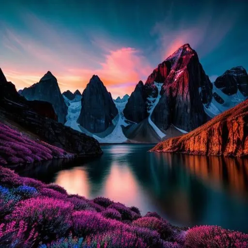 Prompt: Majestic mountains and glowing flora in a surreal, vivid landscape, dreamlike ocean and sky, ethereal clouds, vibrant and colorful, high-quality digital painting, fantasy, surreal, dramatic lighting, surrealism, magical atmosphere, vivid colors, majestic mountains, glowing flora, dreamlike, surreal landscape