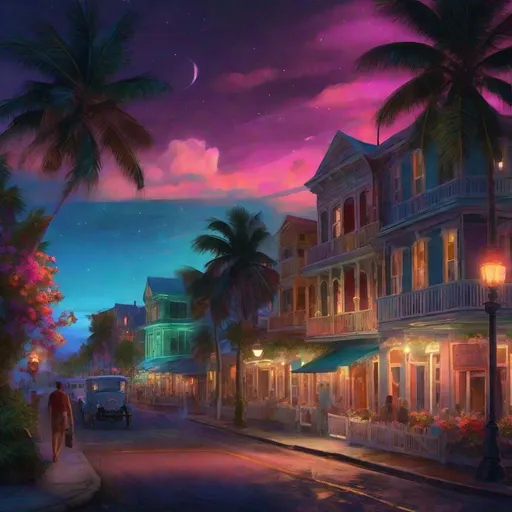 Prompt: Key west scene in the 1930 at night, ocean front view, street lights illuminating, bright flowers, trees, people walking, colorful buildings of the period, ,unreal engine, highly detailed, best quality, highres, bright colors, glimpse of ocean in background, illustration, masterpiece, atmospheric lighting, surreal, futuristic, vibrant tones, otherworldly, intense colors, vibrant atmosphere