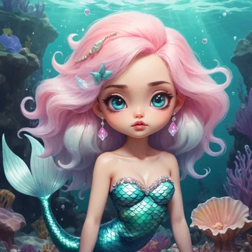 Prompt: Kawaii mermaid with fluffy, pastel-colored scales, fluffy tail, bling, big expressive eyes, whimsical underwater scene, digital painting, high quality, surrealism, dreamy lighting, pastel colors, detailed eyes, fluffy texture, professional, dreamlike atmosphere, game-streetfighter style