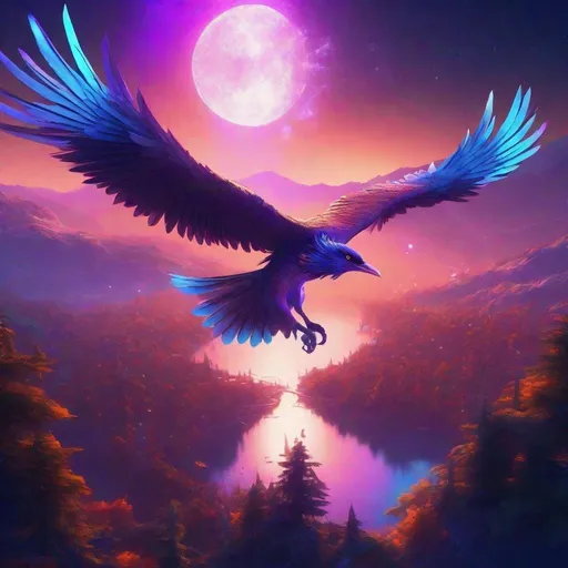 Prompt: Eerie futuristic bird soaring above the tree tops looking down on a small village with a clear lake, unreal engine, highly detailed, best quality, highres, bright colors, glowing blue orange and purple, meteor shower in background, illustration, masterpiece, atmospheric lighting, surreal, futuristic, detailed wings, lunar surface, alien, vibrant tones, otherworldly, intense colors, vibrant atmosphere