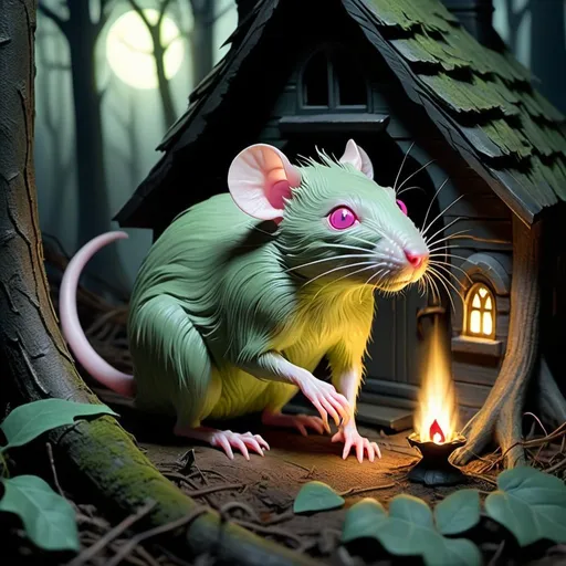 Prompt:  small green rat-like creature with eerie pink glowing eyes, lurking in thick wooded stand of trees beside a small cottage with firelight glowing in windows, muted moonlight, deep forest, high quality, dark and eerie, detailed eyes, atmospheric lighting