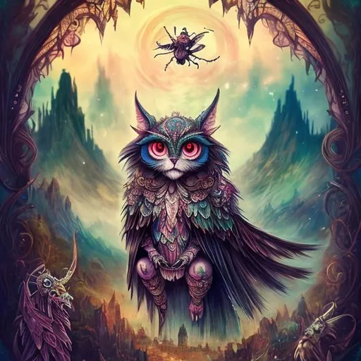 Prompt: mean and evil Fantasy creature,  bohemian with mystical eerie landscape, flying magic insects, kawaii chibi, detailed eyes, vibrant colors, intricate patterns, highres, mystical, whimsical, bohemian, vibrant colors, retro, chibi, celestial, intricate patterns, magic