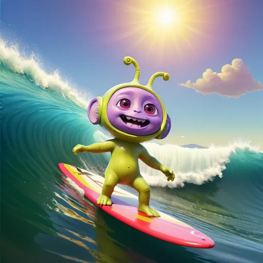 Prompt: Fantasy illustration of a cute teletubbie-style alien creature riding a surfboard on a large ocean wave in Malibu, vibrant and colorful, high quality, fantasy, cute creature, surfboard, ocean wave, Malibu, vibrant colors, dynamic pose, detailed illustration, fantasy style, cheerful atmosphere, sunny day, whimsical, magical lighting