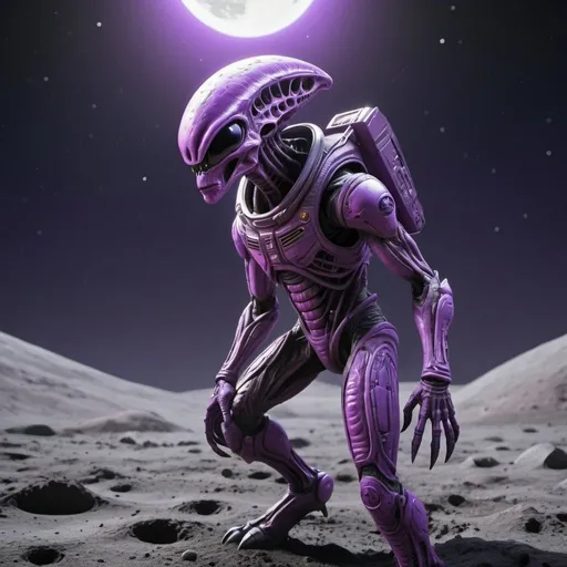 Prompt: ((best quality)), ((illustration)), ((masterpiece)), bright  colors, unreal engine, highres, alien on the surface of the moon, glowing purple; highly detailed