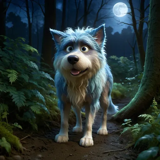 Prompt: Wizard's dog prowling in the deep forest at night, moonlit, mystical fantasy style, detailed fur with magical gleam, intense and focused gaze, highres, ultra-detailed, fantasy, mystical, detailed eyes, atmospheric lighting, moonlit, deep forest, magical fur, professional