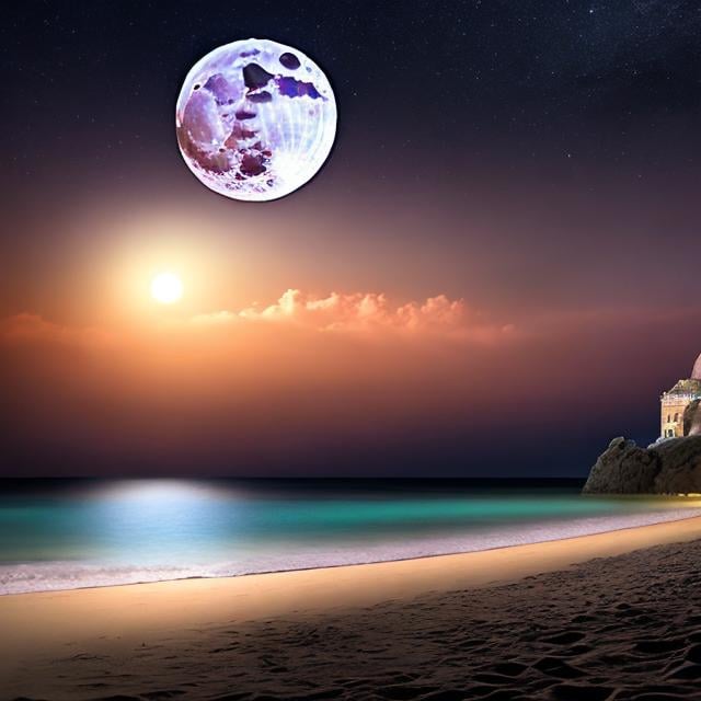 Prompt: Full moon over Italian disco on mystical beach, realistic, low contrast, calm atmosphere, moonlit sands, tranquil waves, peaceful ambiance, Italian disco architectural details, moonlit reflections on water, serene night, best quality, realistic, low contrast, mystical, tranquil, Italian disco, moonlit, beach, peaceful ambiance, architectural details