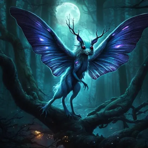 Prompt: Moonlit forest scene with cute moth like creature, detailed water ripples, highres, detailed scales, atmospheric lighting, moonlit, stars reflecting, deep forest, mysterious ambiance, night scene, etherial, colorful, detailed eyes, detailed wings,  professional, eerie, high-quality