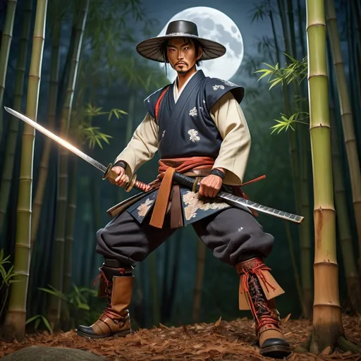 Prompt: Japanese cowboy in traditional attire with samurai sword, rugged bamboo forest setting, moonlit scene, dynamic pose, detailed boots, high quality, anime, western, dramatic lighting, warm tones, detailed, dynamic, traditional clothing, samurai sword, rugged forest, moonlight, leather boots