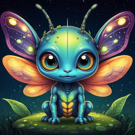 Prompt: Colorful chibi illustration of a cute hybrid creature, half alien and half firefly, with extremely detailed background, vibrant colors, whimsical, high quality, detailed, chibi, hybrid creature, alien, firefly, colorful, vibrant, highly detailed background, whimsical