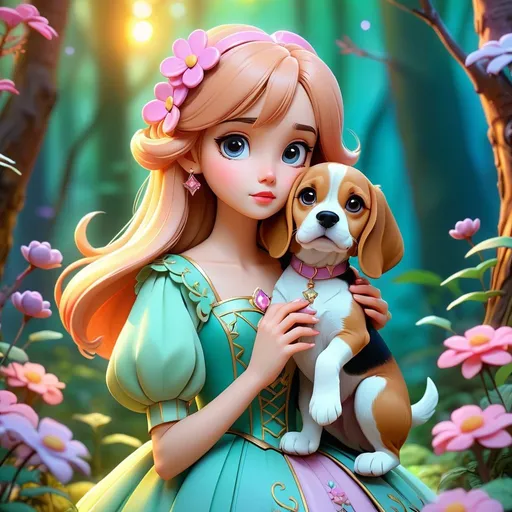 Prompt: Anime princess with her pet beagle puppy, in a bright colored forest, dusk, detailed character design, detailed pet features, whimsical anime style, pastel tones, soft lighting, mystical atmosphere, fantasy, detailed floral elements, highres, anime, fantasy, pastel tones, whimsical, detailed character, detailed pet, soft lighting, mystical atmosphere