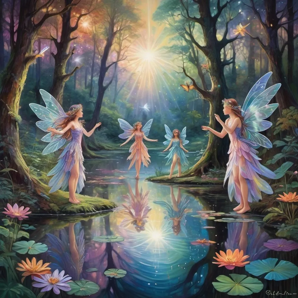 Prompt: small winged fairies characters in deep dark multicolor forest,Amidst a quiet forest glade, with fairies dancing in the background around the waters of a serene pond shimmer with kaleidoscopic reflections of the changing sky above. Each ripple, a testament to the wind's whisper, reshapes the radiant colors, embodying the transient nature of introspection. 