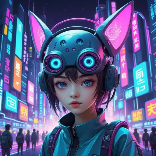 Prompt: Futuristic anime illustration of adorable aliens, vibrant and colorful cyber city backdrop, high-tech collar, detailed eyes, kawaii, cyberpunk, futuristic, highres, vibrant lighting, anime style