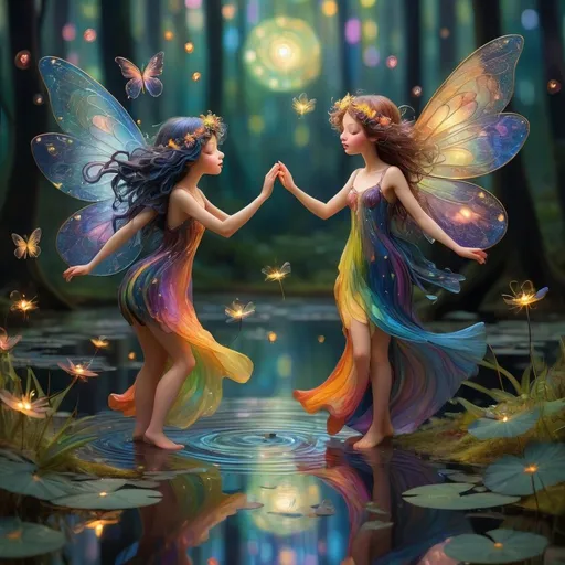 Prompt: small winged fairies characters in the style of Klimt dancing in deep dark multicolor forest,Amidst a quiet forest glade, fireflies in the background around the waters of a serene pond shimmer with kaleidoscopic reflections of the changing sky above. Each ripple, a testament to the wind's whisper, reshapes the radiant colors, embodying the transient nature of introspection. 